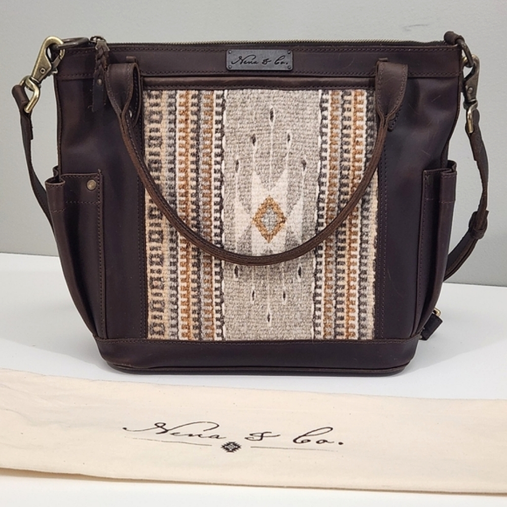 Nena & Co. Brown Leather Crossbody with Cream and Tan Woven Front